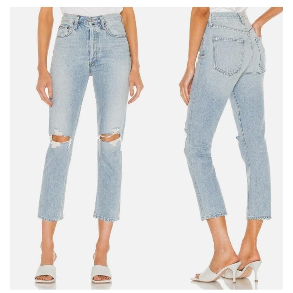 Agolde Jeans 29 Riley High Rise Straight Crop Distressed Light Wash Button Fly